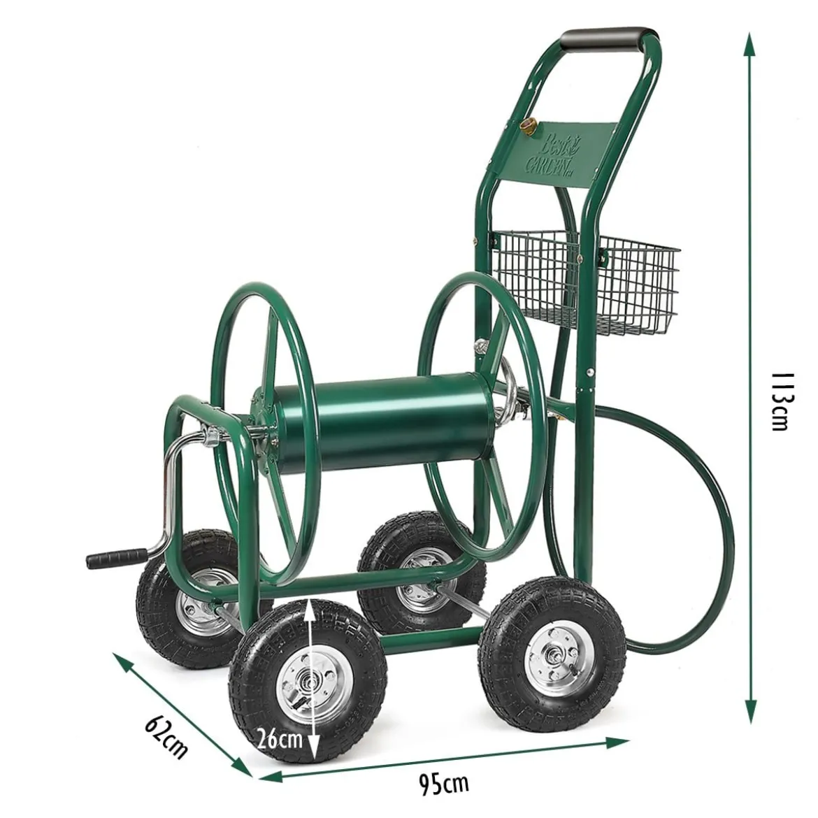 Garten Schlauchwagen Schlauchaufroller Schlauchtrommel mit Korb Grün Metall 96 x 62 x 113 cm