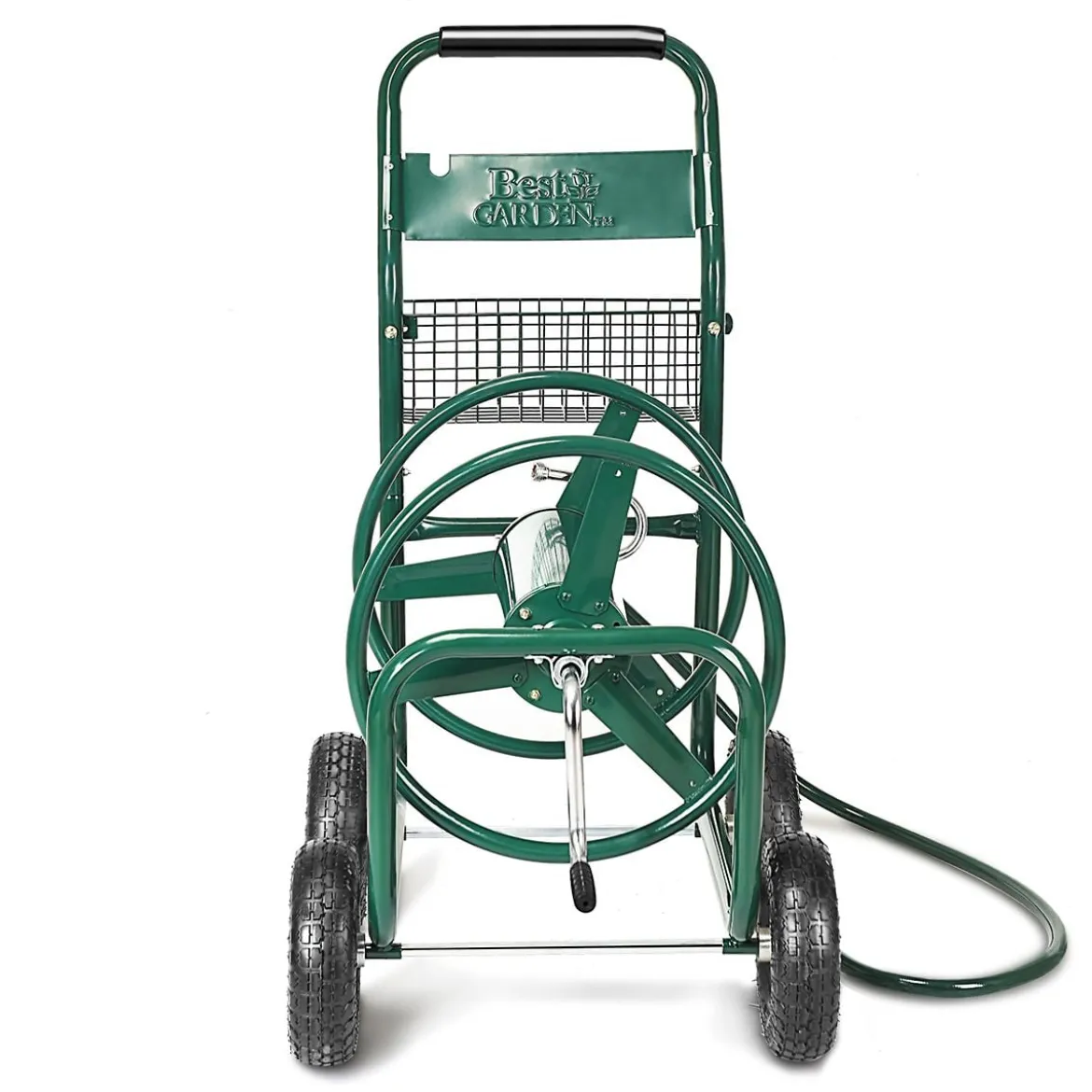 Garten Schlauchwagen Schlauchaufroller Schlauchtrommel mit Korb Grün Metall 96 x 62 x 113 cm