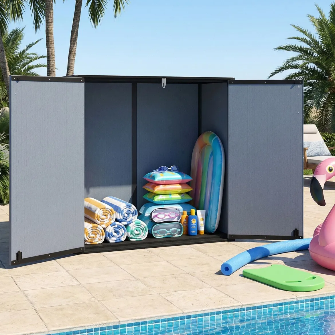 Gartenschrank Aufbewahrungsbox Wetterfest mit Abschließbarer Doppeltür 120 x 65 x 117 cm Grau/Schwarz