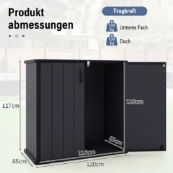 Gartenschrank Aufbewahrungsbox Wetterfest mit Abschließbarer Doppeltür 120 x 65 x 117 cm Grau/Schwarz