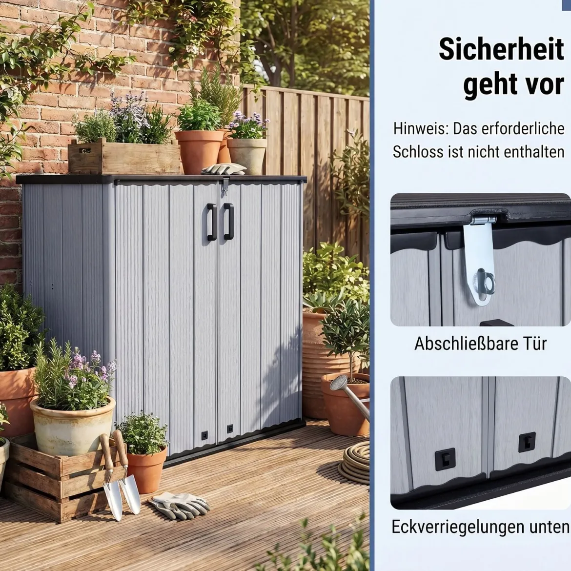 Gartenschrank Aufbewahrungsbox Wetterfest mit Abschließbarer Doppeltür 120 x 65 x 117 cm Grau/Schwarz