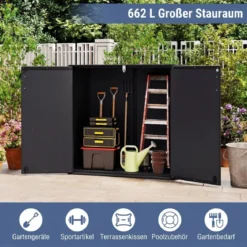 Gartenschrank Aufbewahrungsbox Wetterfest mit Abschließbarer Doppeltür 120 x 65 x 117 cm Grau/Schwarz