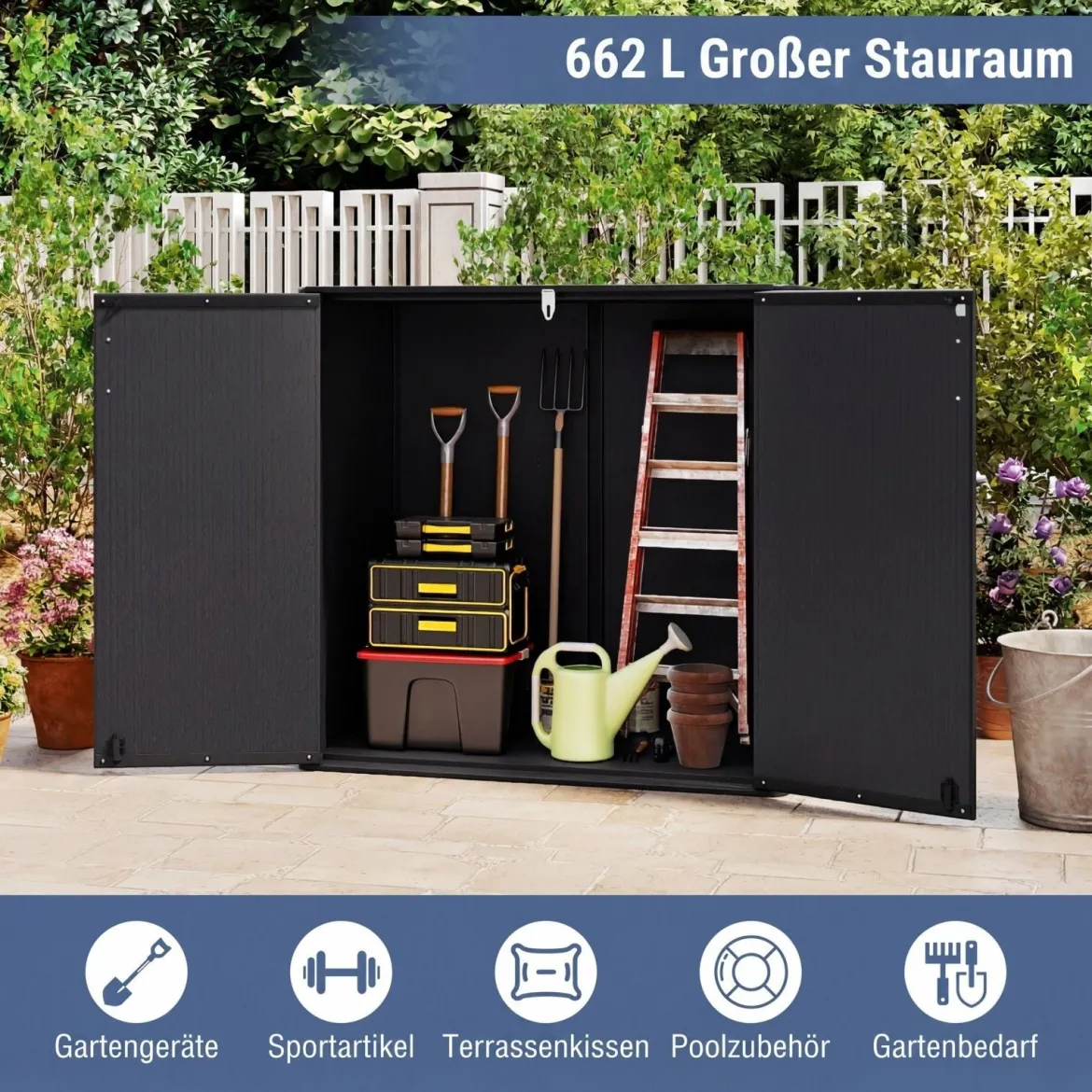 Gartenschrank Aufbewahrungsbox Wetterfest mit Abschließbarer Doppeltür 120 x 65 x 117 cm Grau/Schwarz