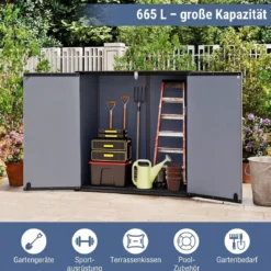 Gartenschrank Aufbewahrungsbox Wetterfest mit Abschließbarer Doppeltür 120 x 65 x 117 cm Grau/Schwarz