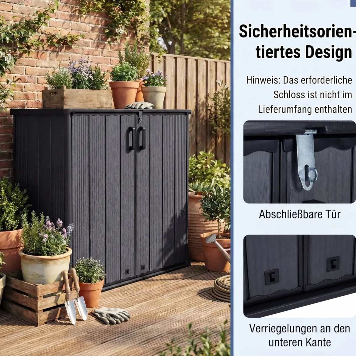 Gartenschrank Aufbewahrungsbox Wetterfest mit Abschließbarer Doppeltür 120 x 65 x 117 cm Grau/Schwarz