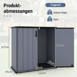 Gartenschrank Aufbewahrungsbox Wetterfest mit Abschließbarer Doppeltür 120 x 65 x 117 cm Grau/Schwarz