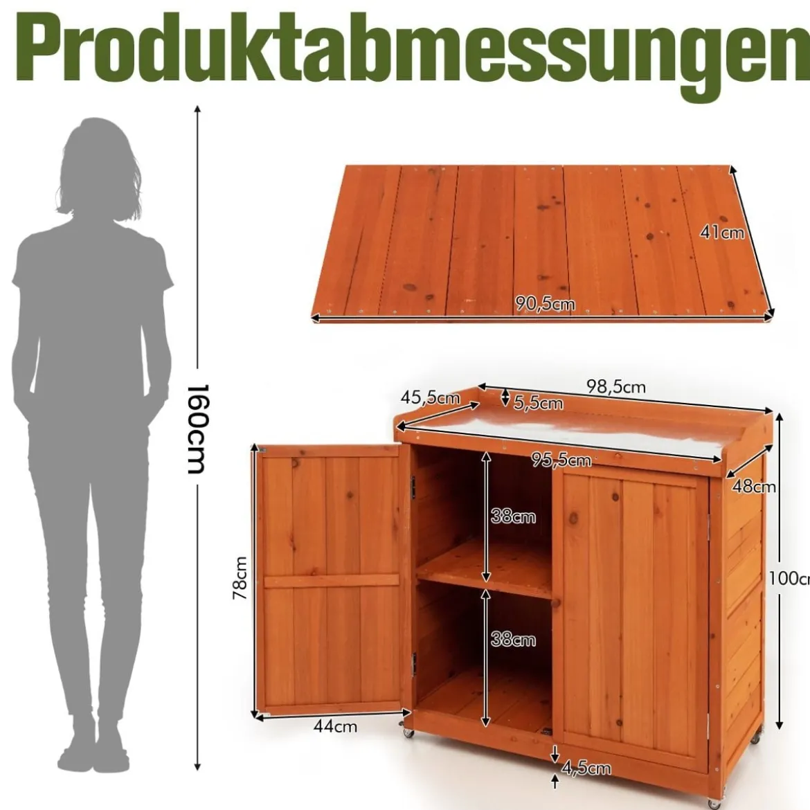 Gartenschrank aus Holz Lagerschrank mit 4 Universalrädern Garten Natur