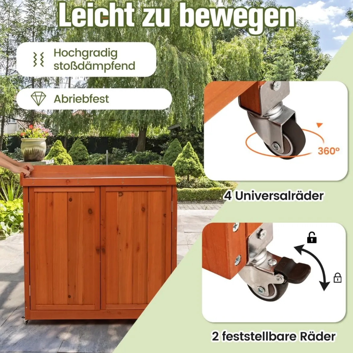 Gartenschrank aus Holz Lagerschrank mit 4 Universalrädern Garten Natur