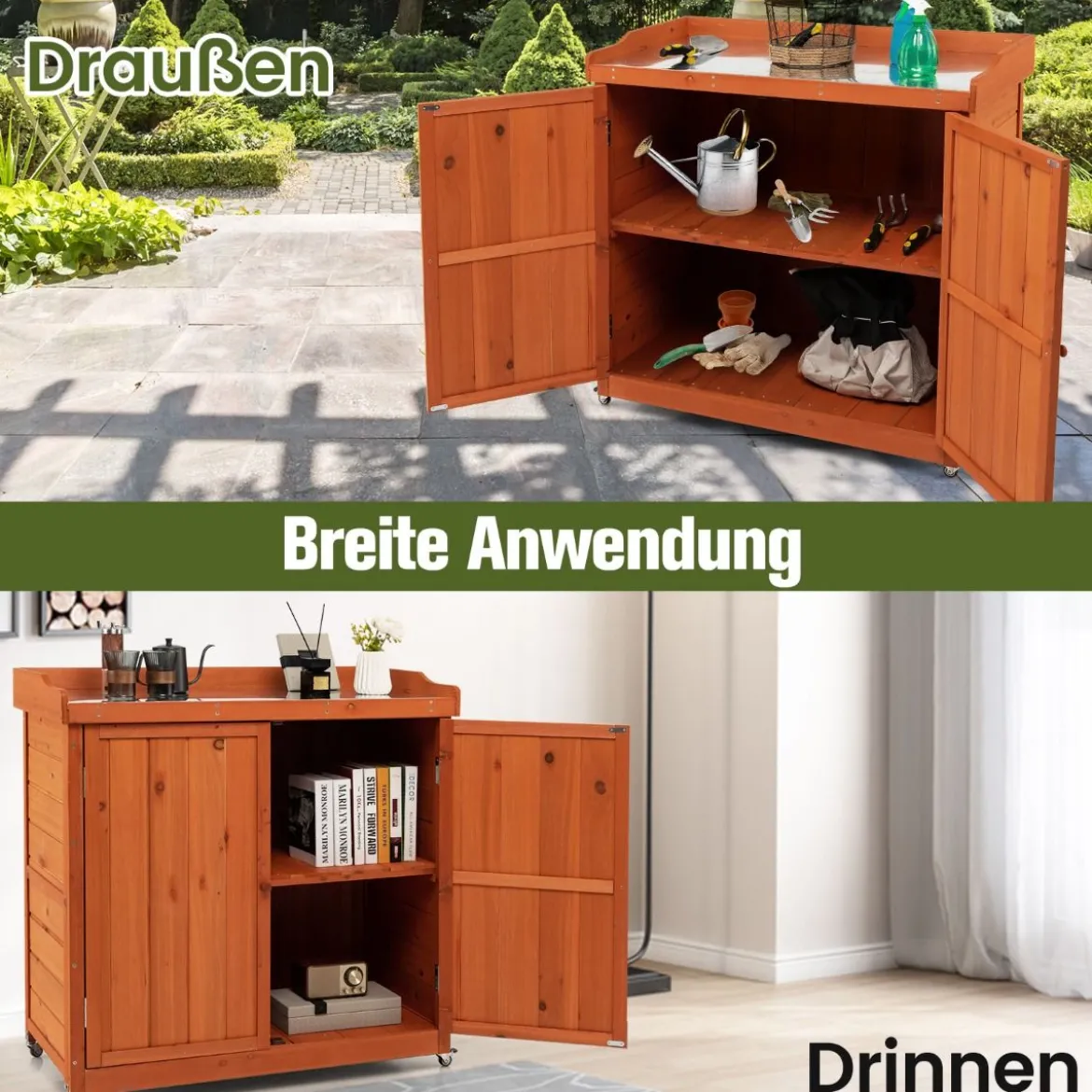 Gartenschrank aus Holz Lagerschrank mit 4 Universalrädern Garten Natur