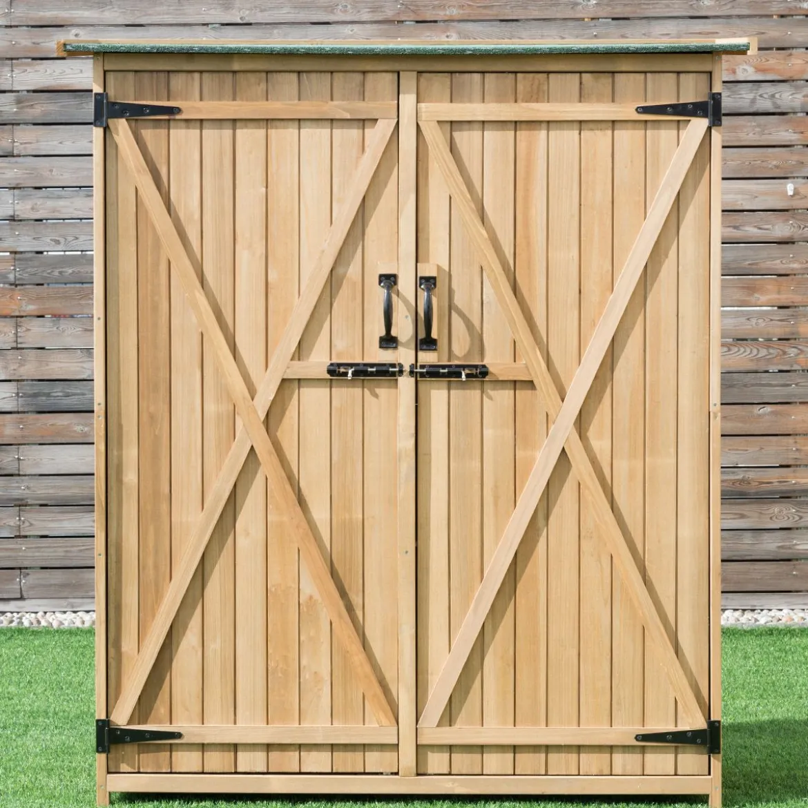 Gartenschrank aus Massivholz mit Schrägem Asphaltdach & Doppelt Türen & Regalen Gerätehaus