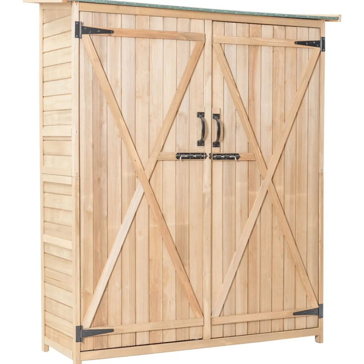 Gartenschrank aus Massivholz mit Schrägem Asphaltdach & Doppelt Türen & Regalen Gerätehaus