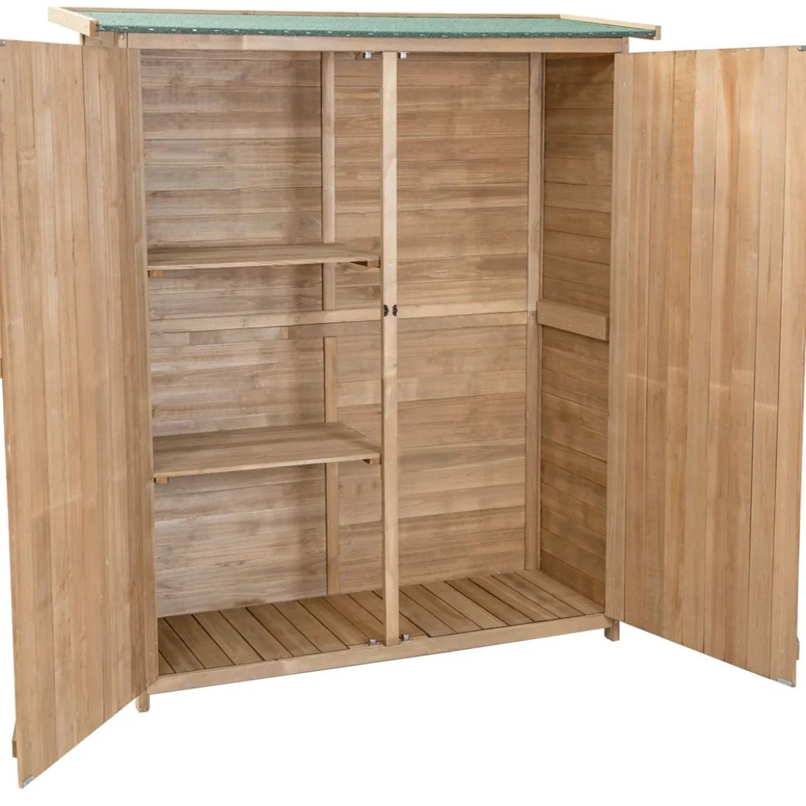 Gartenschrank aus Massivholz mit Schrägem Asphaltdach & Doppelt Türen & Regalen Gerätehaus