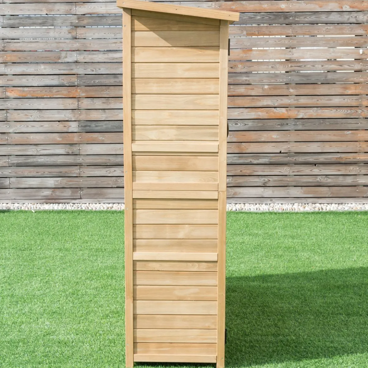 Gartenschrank aus Massivholz mit Schrägem Asphaltdach & Doppelt Türen & Regalen Gerätehaus