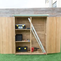 Gartenschrank aus Massivholz mit Schrägem Asphaltdach & Doppelt Türen & Regalen Gerätehaus
