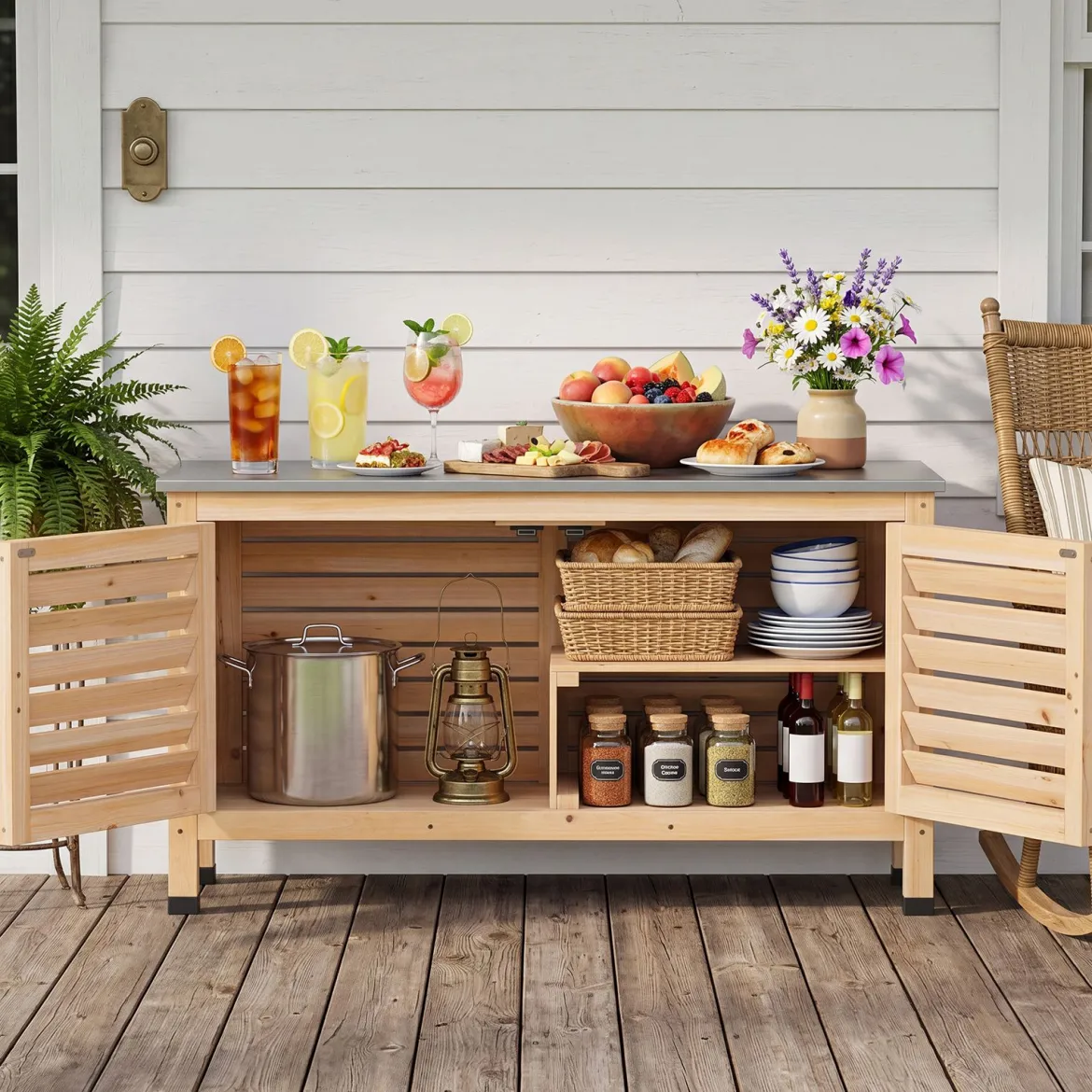 Gartenschrank aus Tannenholz Geräteschrank mit 2 Lamellentür & Arbeitsplatte aus Edelstahl 109 x 40,5 x 61,5 cm