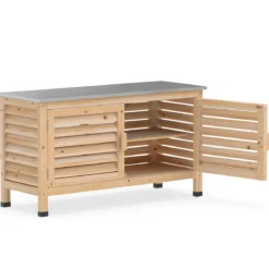 Gartenschrank aus Tannenholz Geräteschrank mit 2 Lamellentür & Arbeitsplatte aus Edelstahl 109 x 40,5 x 61,5 cm