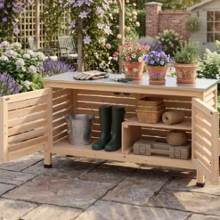 Gartenschrank aus Tannenholz Geräteschrank mit 2 Lamellentür & Arbeitsplatte aus Edelstahl 109 x 40,5 x 61,5 cm