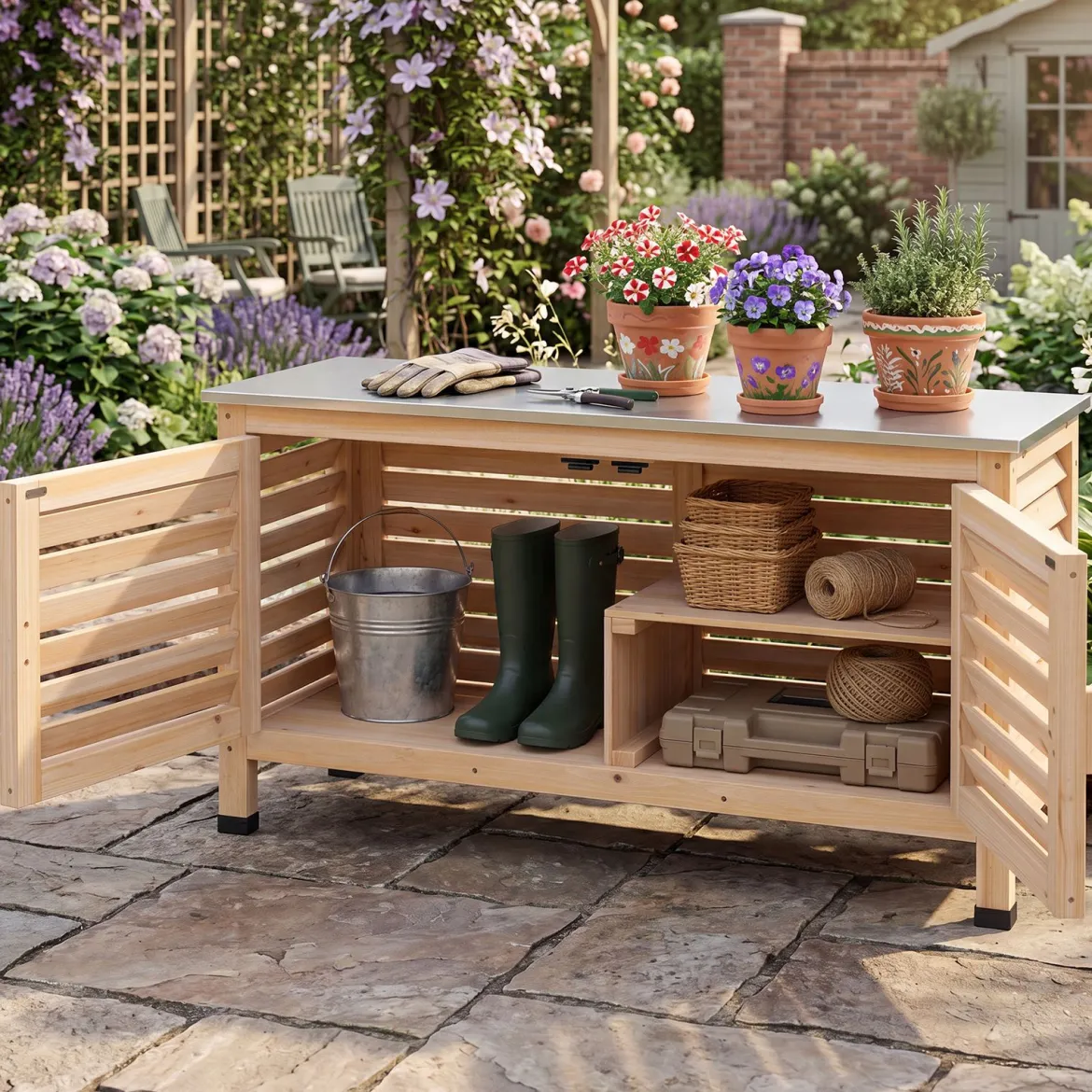 Gartenschrank aus Tannenholz Geräteschrank mit 2 Lamellentür & Arbeitsplatte aus Edelstahl 109 x 40,5 x 61,5 cm
