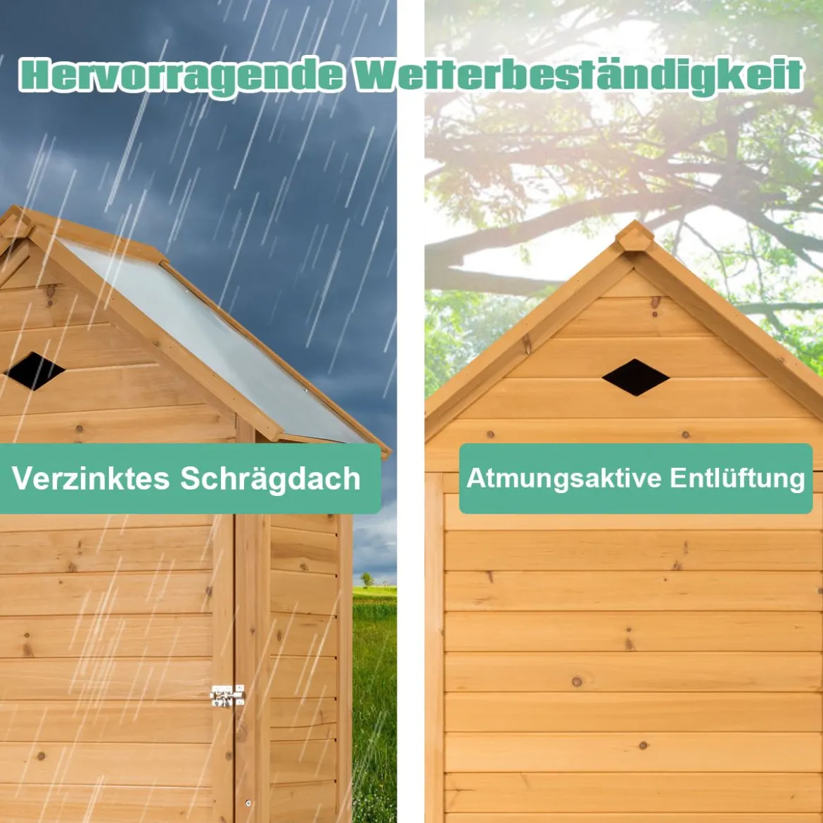 Gartenschrank Holz Geräteschuppen mit 5 Regalböden und Satteldach Outdoor Schrank Wetterfest 70 x 35,5 x 160 cm Natur