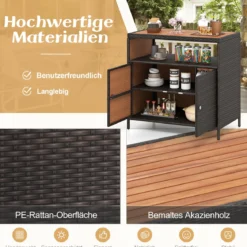 Gartenschrank Rattan Terrassenschrank mit Akazienholz-Arbeitsplatte Terrasse 90 x 53 x 86 cm Braun