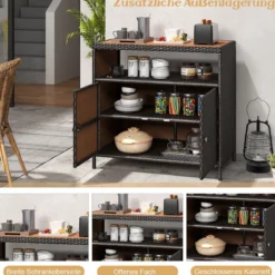 Gartenschrank Rattan Terrassenschrank mit Akazienholz-Arbeitsplatte Terrasse 90 x 53 x 86 cm Braun