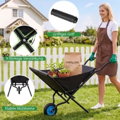 Gartenschubkarre mit Rad Faltbare Schubkarre mit Rutschfester Griff bis zu 40 kg Belastbar Schwarz