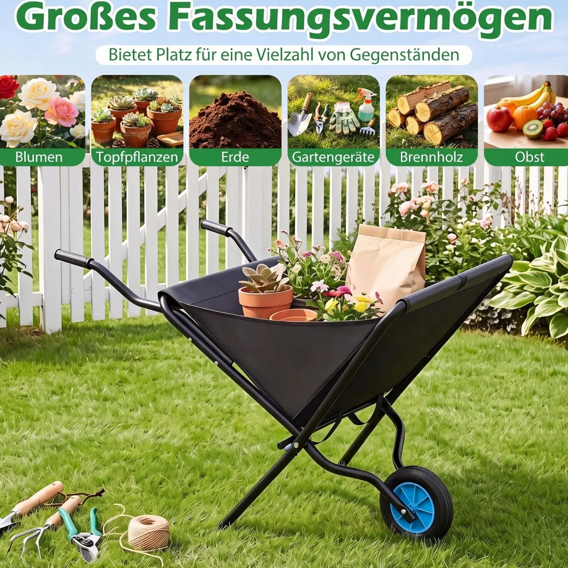 Gartenschubkarre mit Rad Faltbare Schubkarre mit Rutschfester Griff bis zu 40 kg Belastbar Schwarz