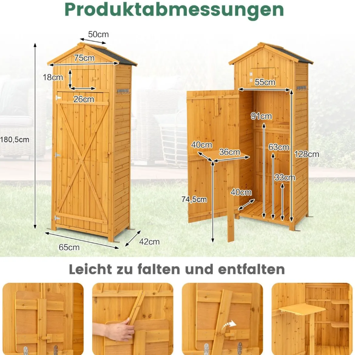 Gartenschuppen Geräteschrank für den Außenbereich 75 x 50 x 180,5 cm Natur
