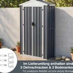 Gartenschuppen Metall Geräteschuppen mit Abschließbarer Tür & Kantenschutzkappen 126 x 41 x 185 cm Grau