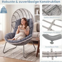 Gartensessel aus PE-Rattan Lounge Sessel mit Abnehmbaren Sitz- & Rückenkissen Korbsessel mit Metallrahmen