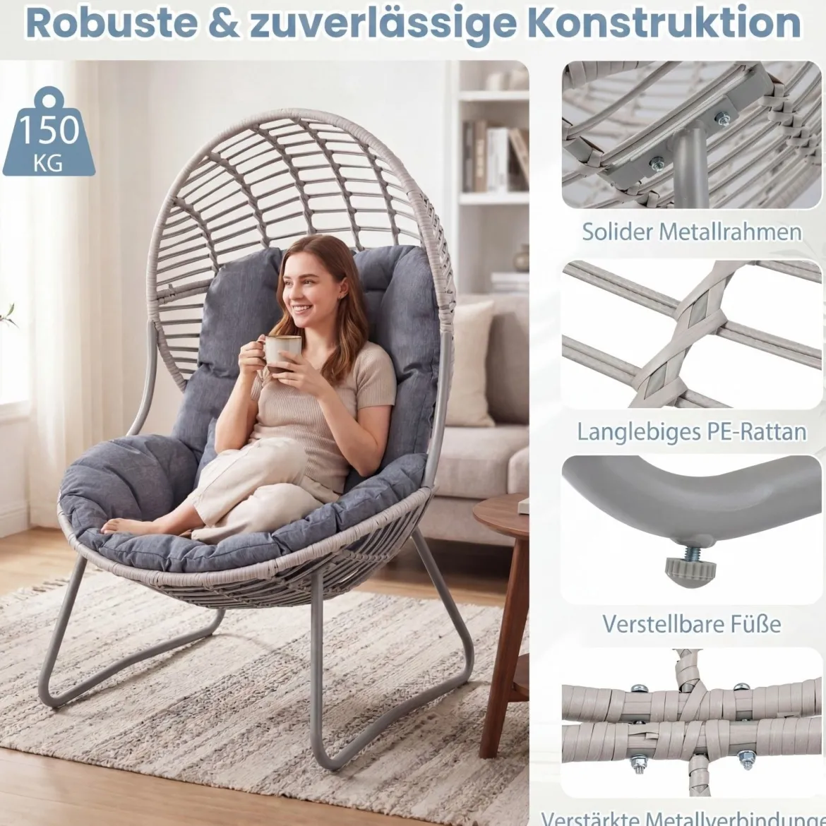Gartensessel aus PE-Rattan Lounge Sessel mit Abnehmbaren Sitz- & Rückenkissen Korbsessel mit Metallrahmen