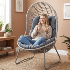 Gartensessel aus PE-Rattan Lounge Sessel mit Abnehmbaren Sitz- & Rückenkissen Korbsessel mit Metallrahmen