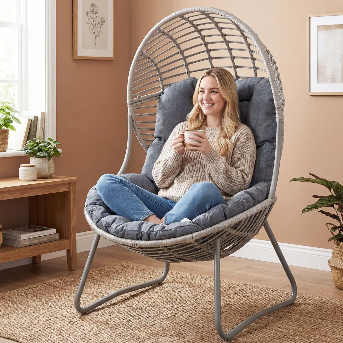Gartensessel aus PE-Rattan Lounge Sessel mit Abnehmbaren Sitz- & Rückenkissen Korbsessel mit Metallrahmen