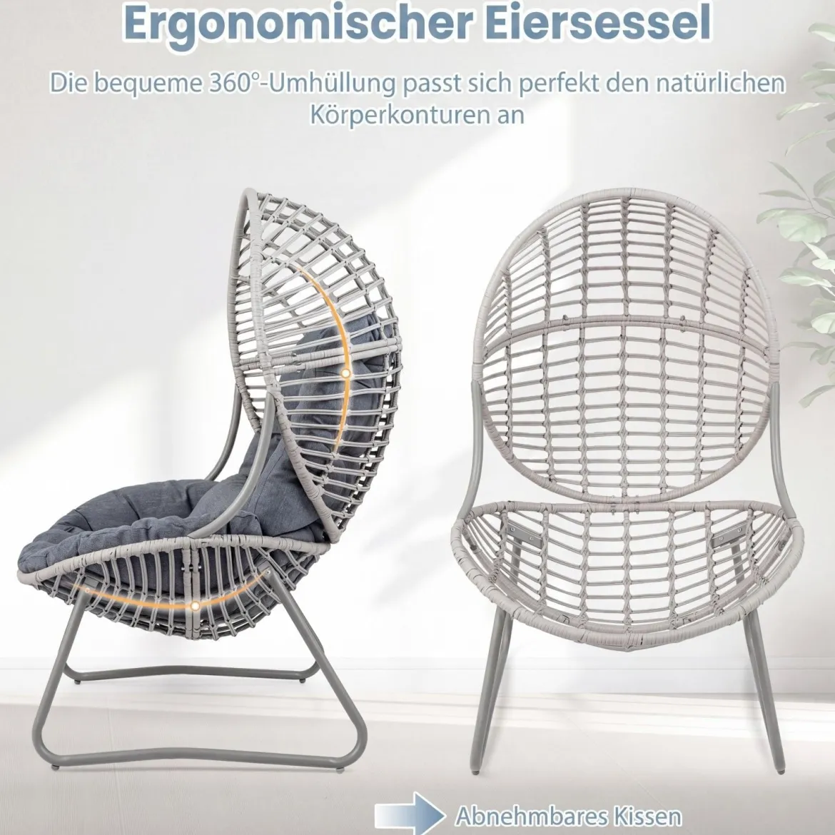 Gartensessel aus PE-Rattan Lounge Sessel mit Abnehmbaren Sitz- & Rückenkissen Korbsessel mit Metallrahmen