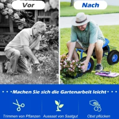 Gartensitz mit Rollen 360 ° drehbar höhenverstellbar Rollsitz mit Ablage & Korb Blau