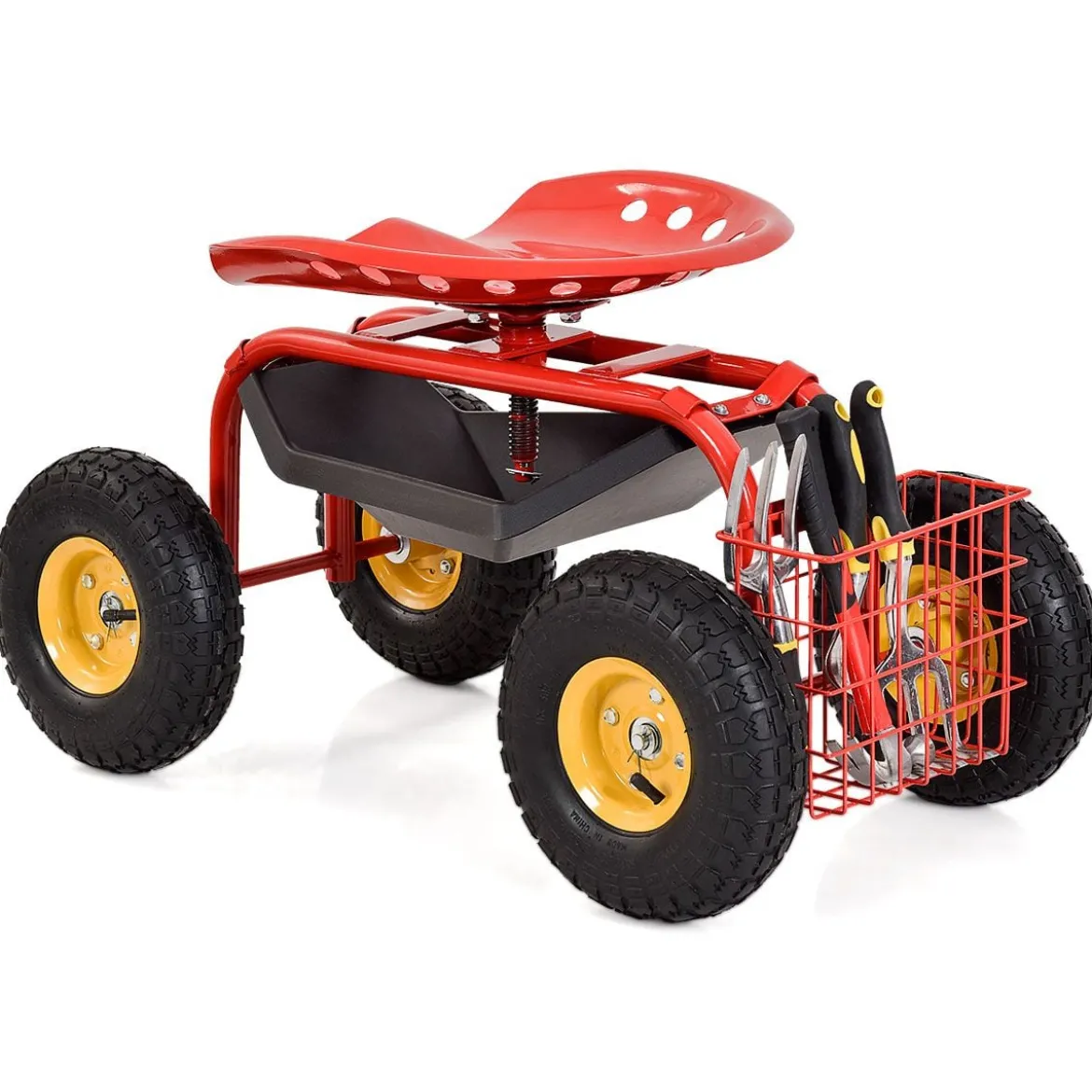 Gartensitz mit Rollen 360 ° drehbar höhenverstellbar Rollsitz mit Ablage & Korb Rot