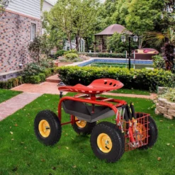 Gartensitz mit Rollen 360 ° drehbar höhenverstellbar Rollsitz mit Ablage & Korb Rot