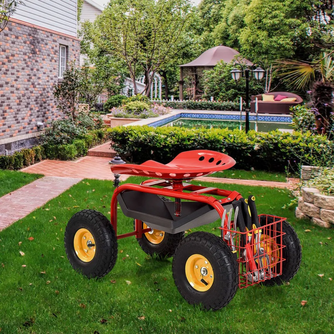 Gartensitz mit Rollen 360 ° drehbar höhenverstellbar Rollsitz mit Ablage & Korb Rot