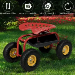 Gartensitz mit Rollen 360 ° drehbar höhenverstellbar Rollsitz mit Ablage & Korb Rot
