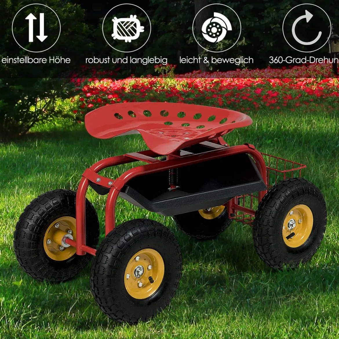 Gartensitz mit Rollen 360 ° drehbar höhenverstellbar Rollsitz mit Ablage & Korb Rot