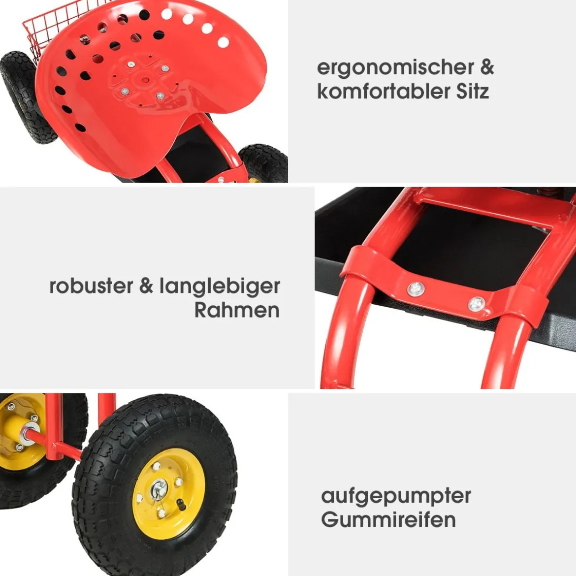Gartensitz mit Rollen 360 ° drehbar höhenverstellbar Rollsitz mit Ablage & Korb Rot
