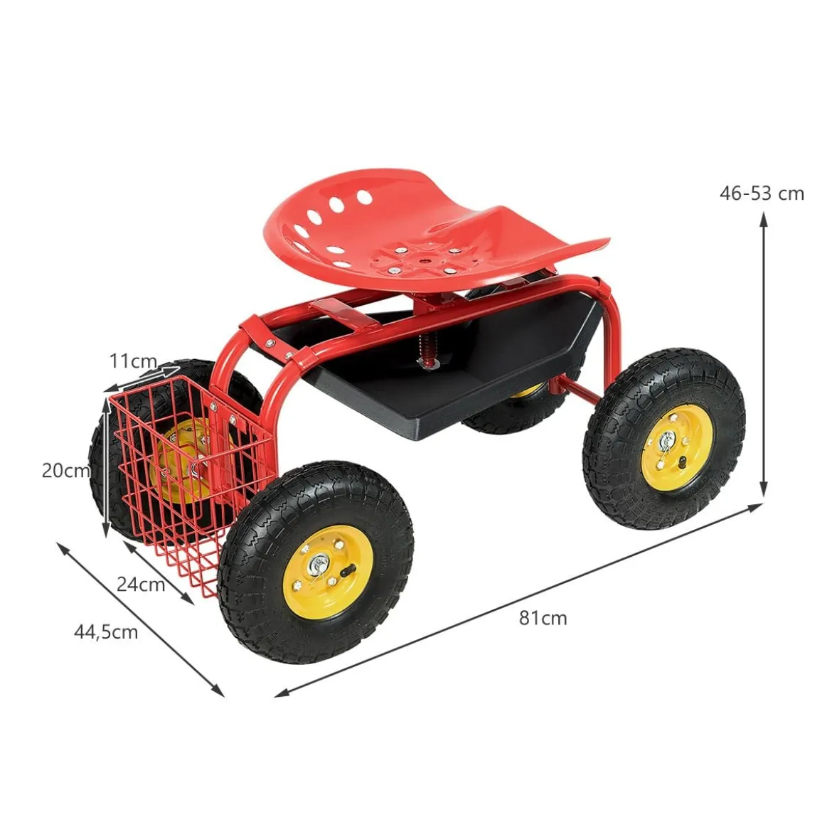 Gartensitz mit Rollen 360 ° drehbar höhenverstellbar Rollsitz mit Ablage & Korb Rot