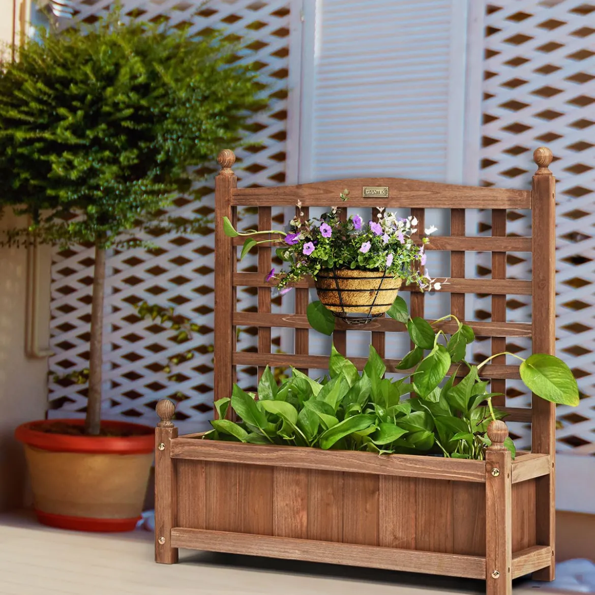 Gartenspalier Blumenkasten mit Rankgitter Massivholz-Pflanzgefäß 64,5 x 28 x 75 cm Dunkelbraun