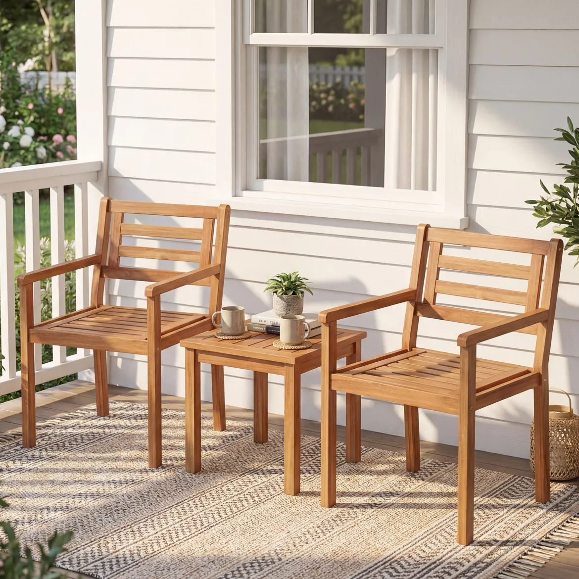 Gartenstühle Akazienholz 2er Set Holzstühle mit Rückenlehne & Armlehne Balkonstühle Blastbar bis 180 kg