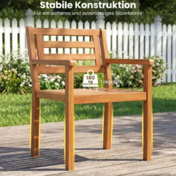 Gartenstühle Akazienholz 2er Set Holzstühle mit Rückenlehne & Armlehne Balkonstühle Blastbar bis 180 kg