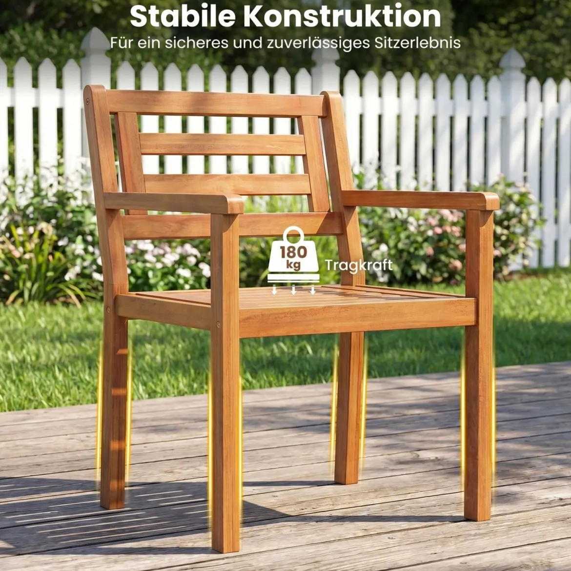 Gartenstühle Akazienholz 2er Set Holzstühle mit Rückenlehne & Armlehne Balkonstühle Blastbar bis 180 kg