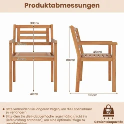 Gartenstühle Akazienholz 2er Set Holzstühle mit Rückenlehne & Armlehne Balkonstühle Blastbar bis 180 kg