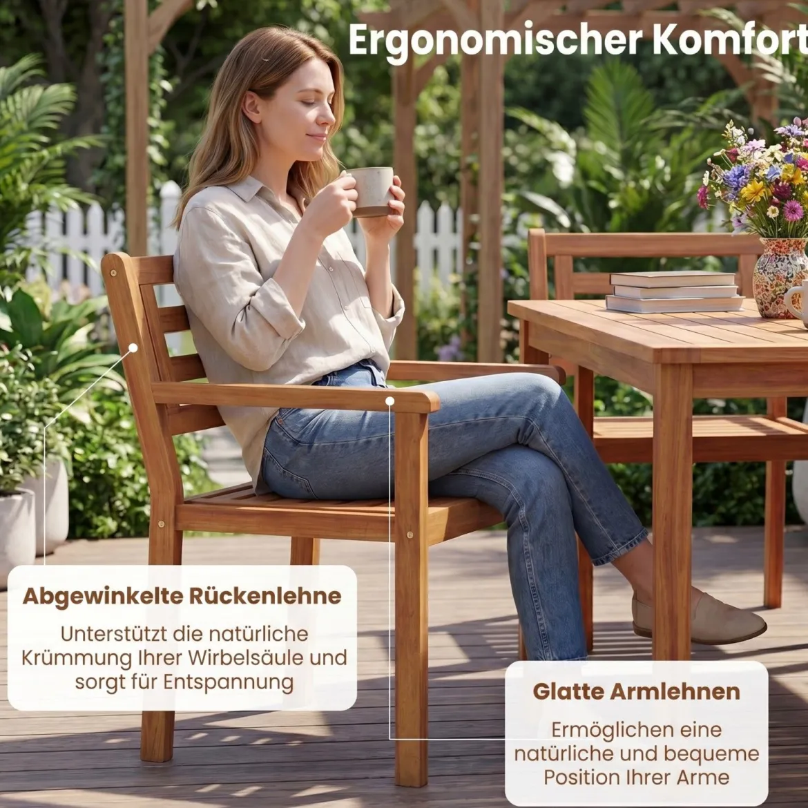 Gartenstühle Akazienholz 2er Set Holzstühle mit Rückenlehne & Armlehne Balkonstühle Blastbar bis 180 kg