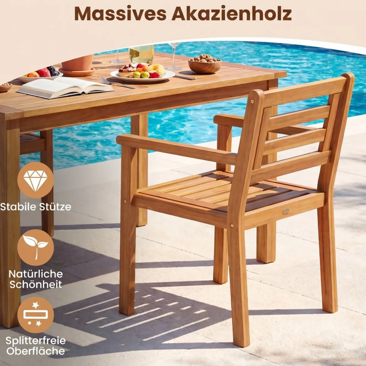 Gartenstühle Akazienholz 2er Set Holzstühle mit Rückenlehne & Armlehne Balkonstühle Blastbar bis 180 kg