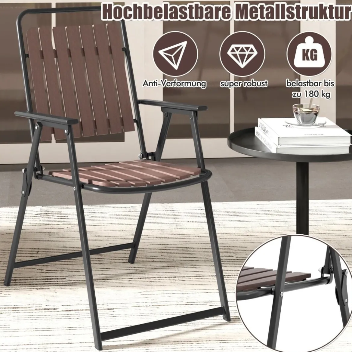 Gartenstühle 2er Set Klappstühle mit Sitz und Rückenlehne aus PP wetterfeste Balkonstühle bis 180 kg belastbar Kaffee